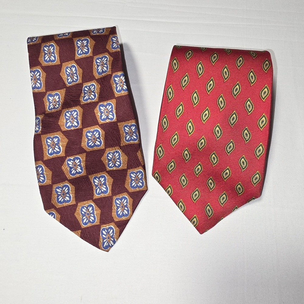 Tom James Vintage Silk Tie Lot 2pc Red Paisley & Brown Blue Floral Made USA
